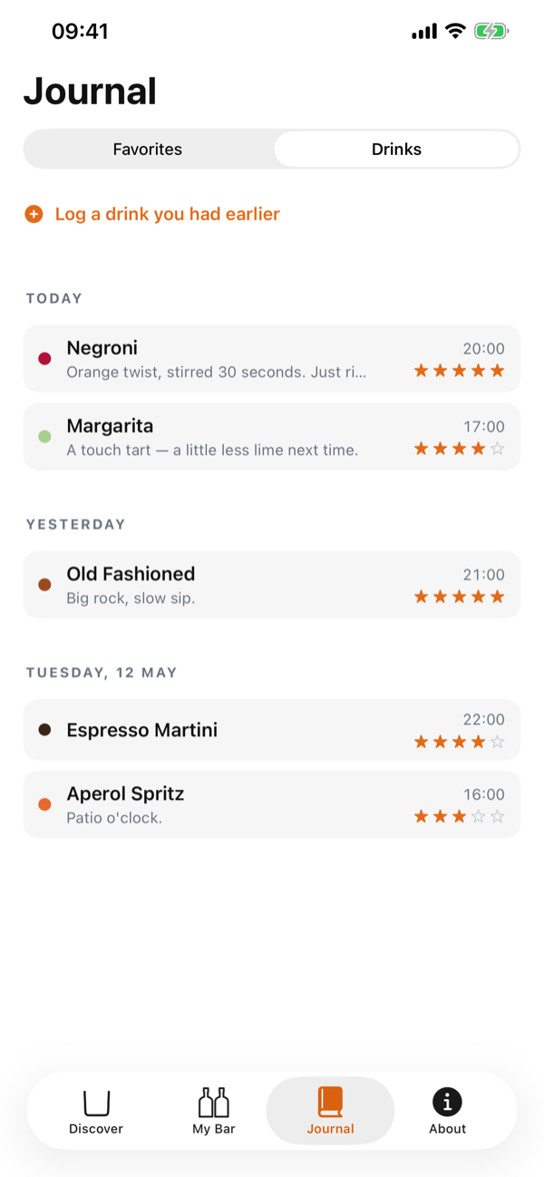 The drink journal with ratings and notes